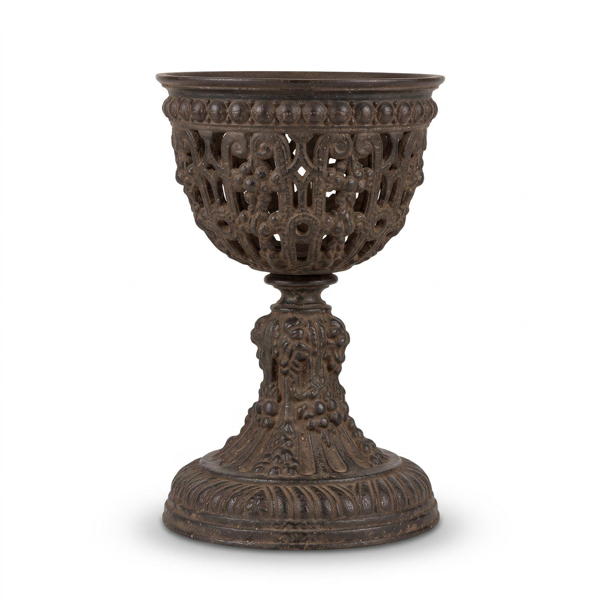 Vintage Napoleon III Style Patinated Metal Openwork Ornamental Cup on Pedestal, Pierced Scrolls and Flower Garlands