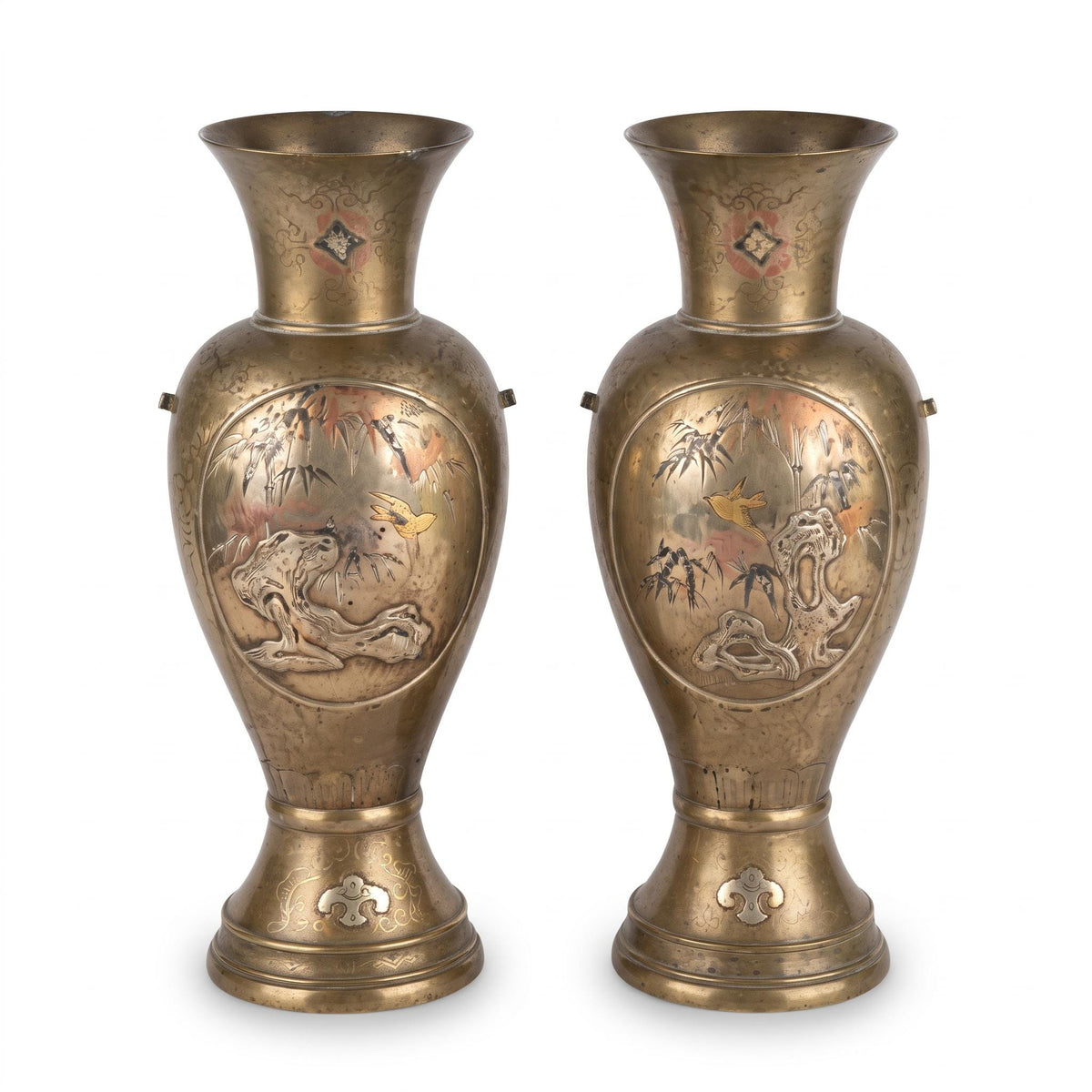 Antique Pair of Meiji Style Mixed-Metal Vases, Bird, Bamboo and Rock Panels in Copper, Gold and Silver Tones