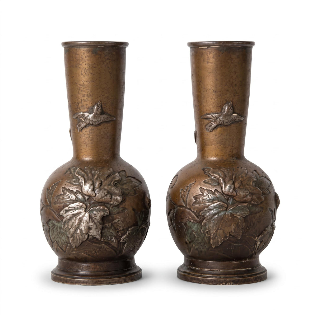 Antique Pair of Small Meiji Style Patinated Metal Bottle Vases, Peonies and Flying Birds in Relief