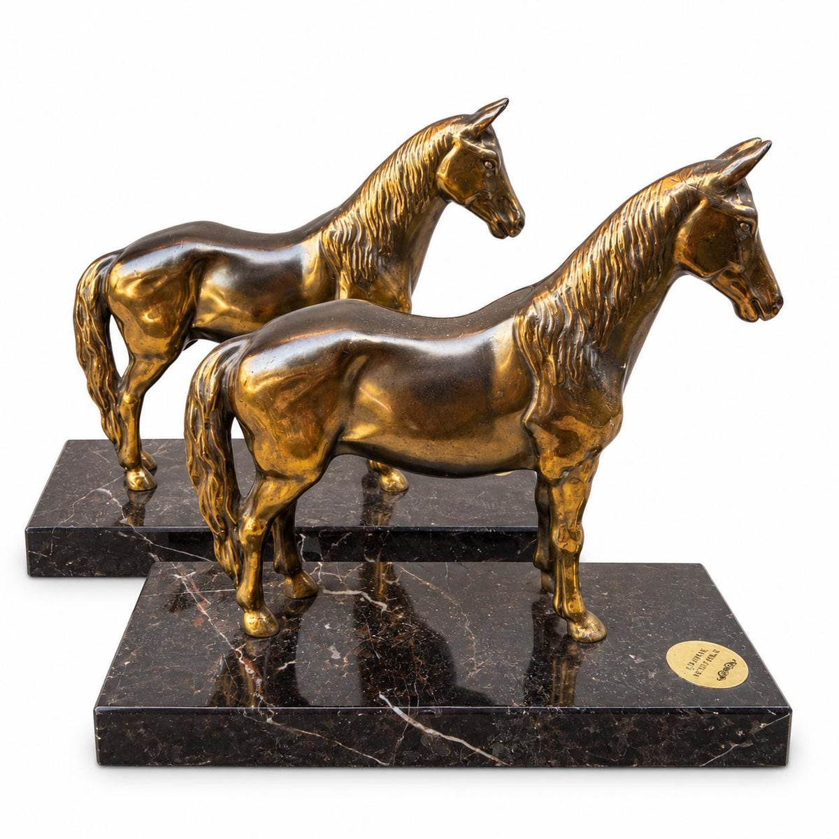 Vintage Pair of Standing Horse Bookends, Bronze-Tone Metal on Black Veined Marble Bases