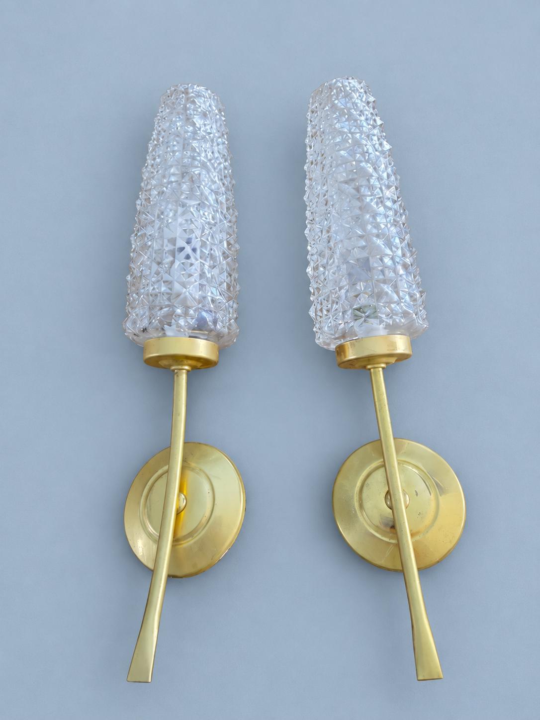 Vintage 1970s Pair of Brass-Tone Tulip Wall Sconces with Tall Diamond-Pattern Glass Shades