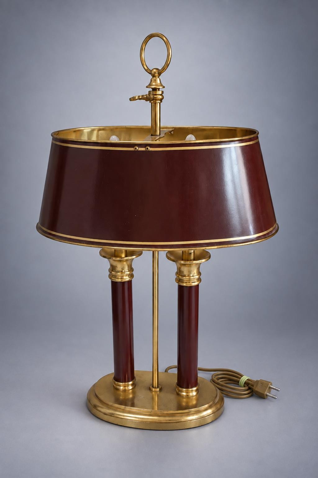 Vintage Empire Style Bouillotte Lamp, Burgundy Tole Shade and Brass, Two Lights, 57 cm