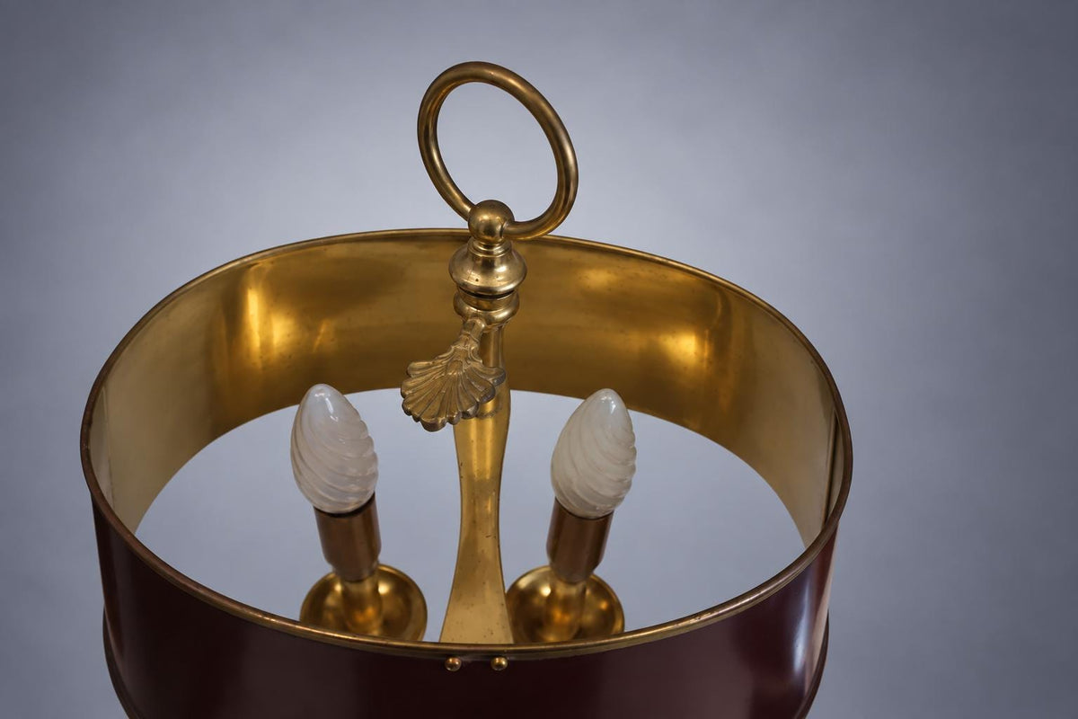 Vintage Empire Style Bouillotte Lamp, Burgundy Tole Shade and Brass, Two Lights, 57 cm