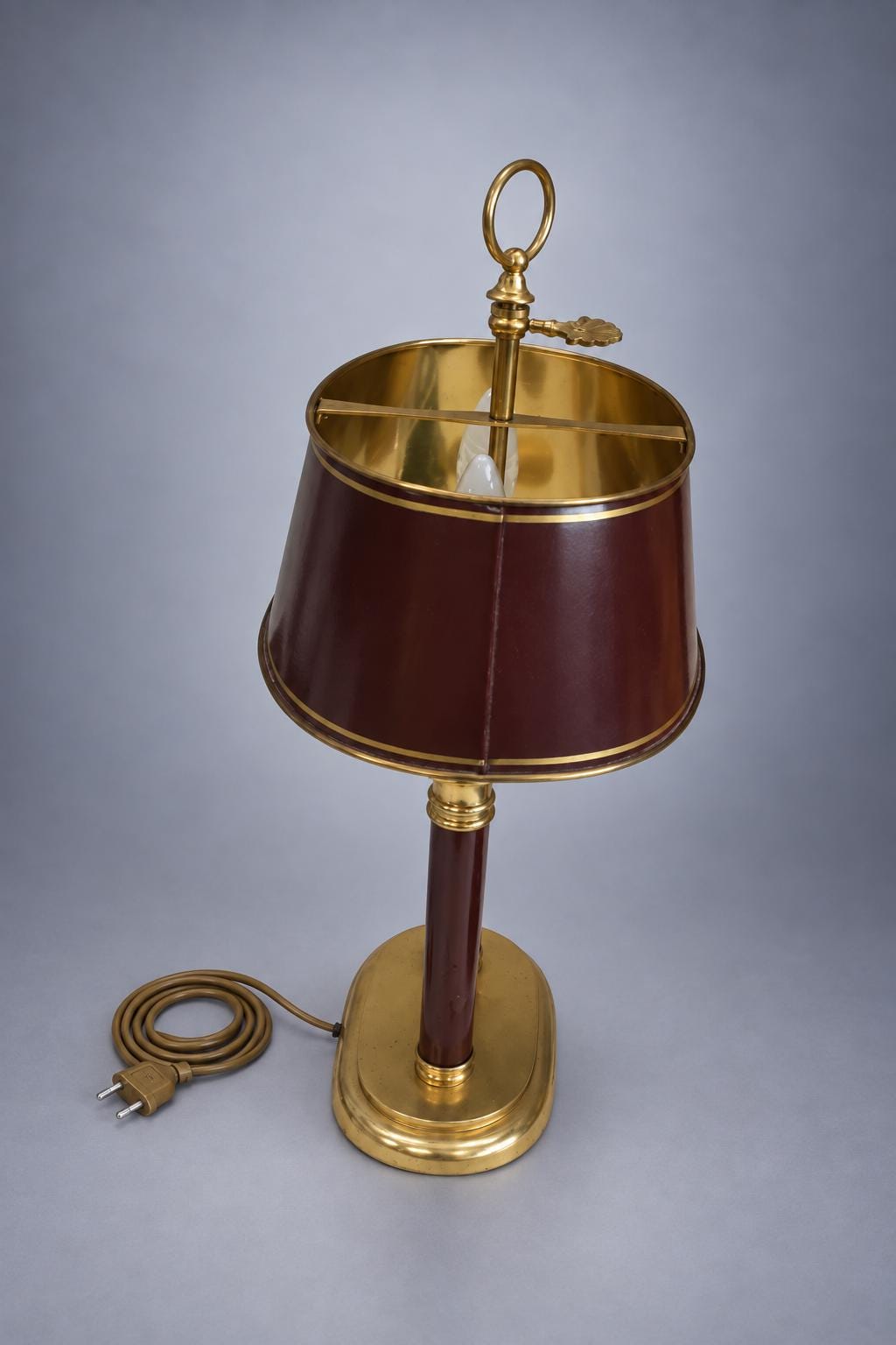 Vintage Empire Style Bouillotte Lamp, Burgundy Tole Shade and Brass, Two Lights, 57 cm