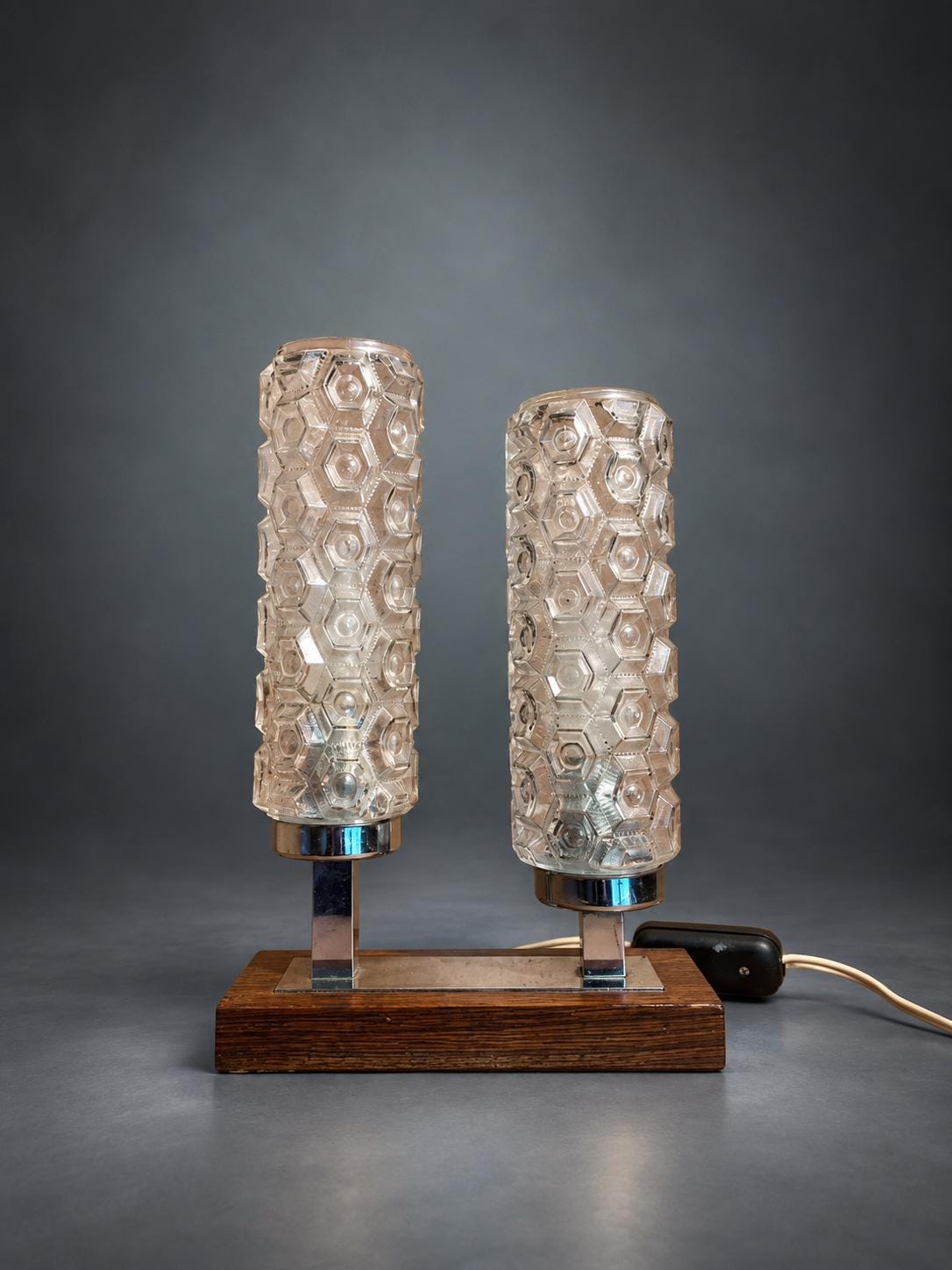 Space Age Double Table Lamp, Twin Textured Glass Cylinders, Chrome-Finish Stems, Wood Base, Mid-Century Modern Twin Light