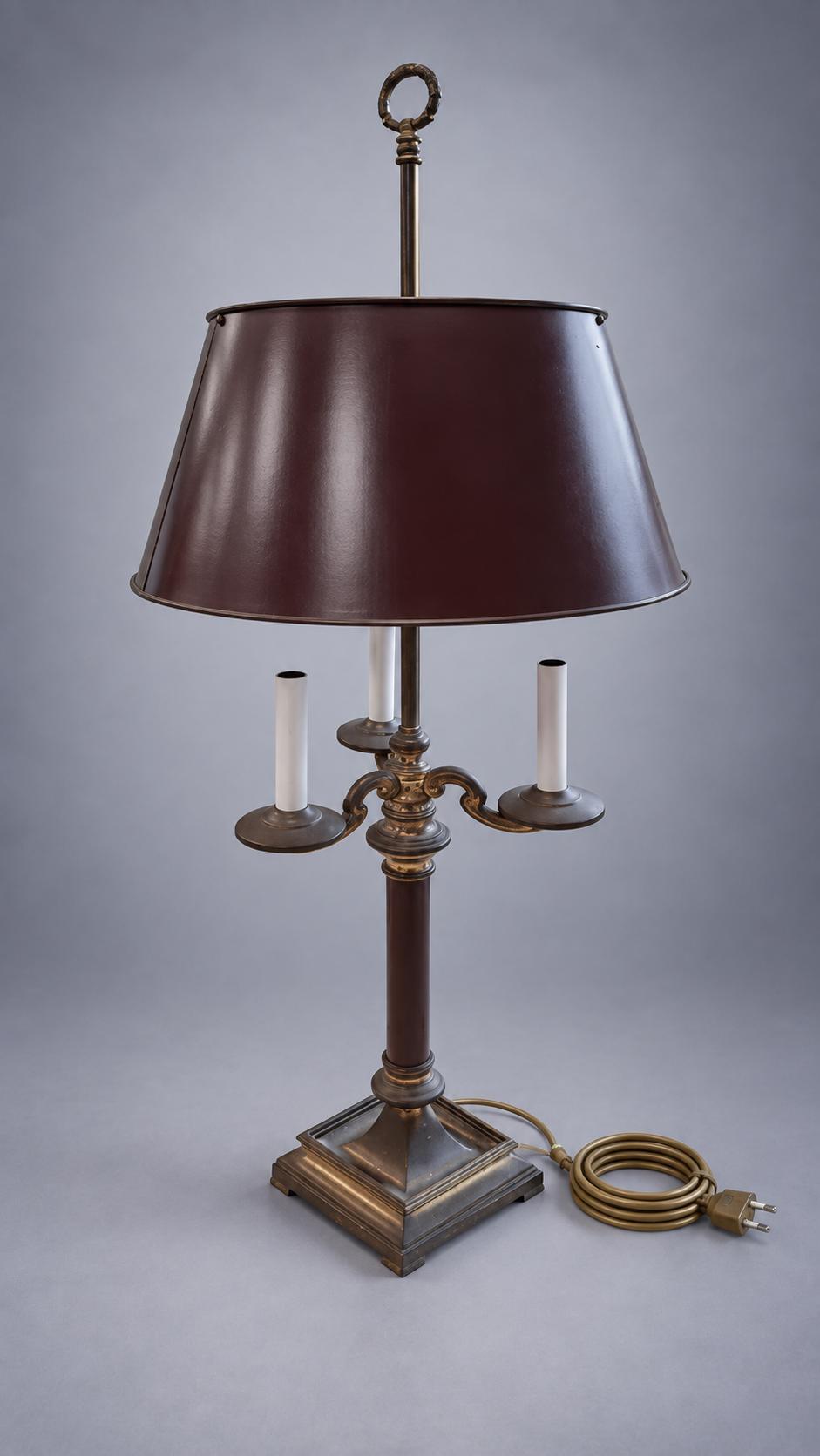Large Louis XVI Style Bouillotte Lamp, Burgundy Metal Shade, Bronze-Toned Base, 90 cm