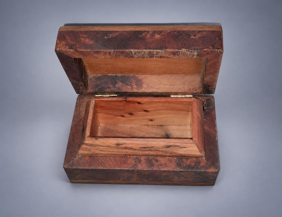 Vintage Burl Wood Marquetry Box, Domed Geometric Inlaid Lid, Miniature Jewellery Keepsake Box, 9.4 cm