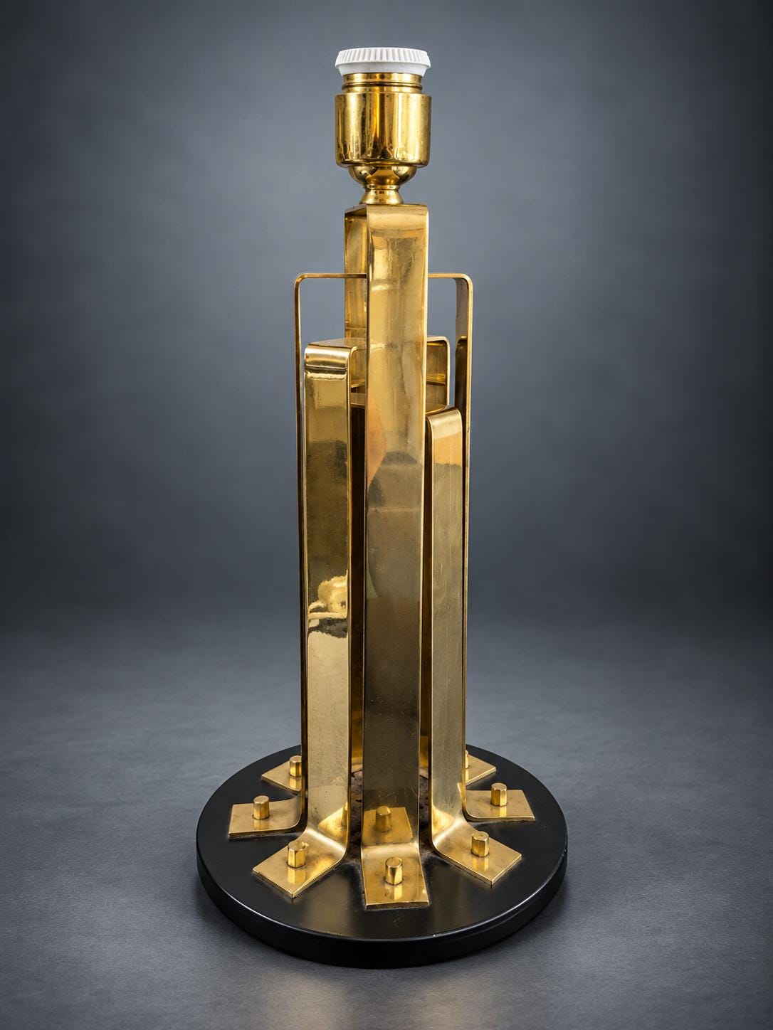 Gold-Tone Metal Table Lamp, Folded Strip Column with Bolted Feet, Round Black Base, Hollywood Regency Industrial Design