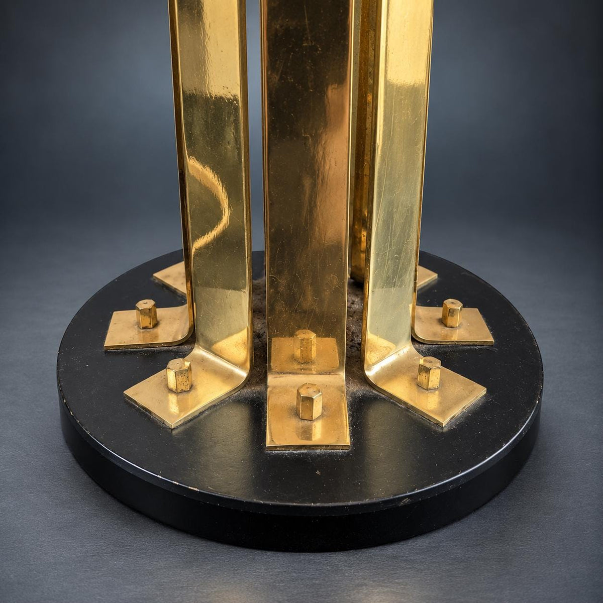 Gold-Tone Metal Table Lamp, Folded Strip Column with Bolted Feet, Round Black Base, Hollywood Regency Industrial Design