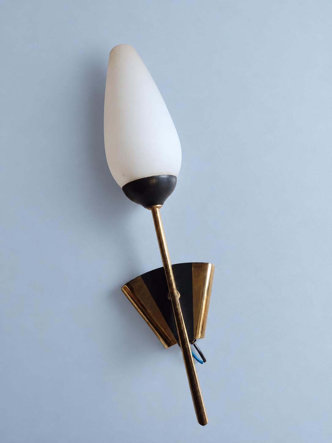 1950s–60s Brass Torch Wall Sconce, White Opaline Glass and Black Fan Backplate, Single Vintage Light