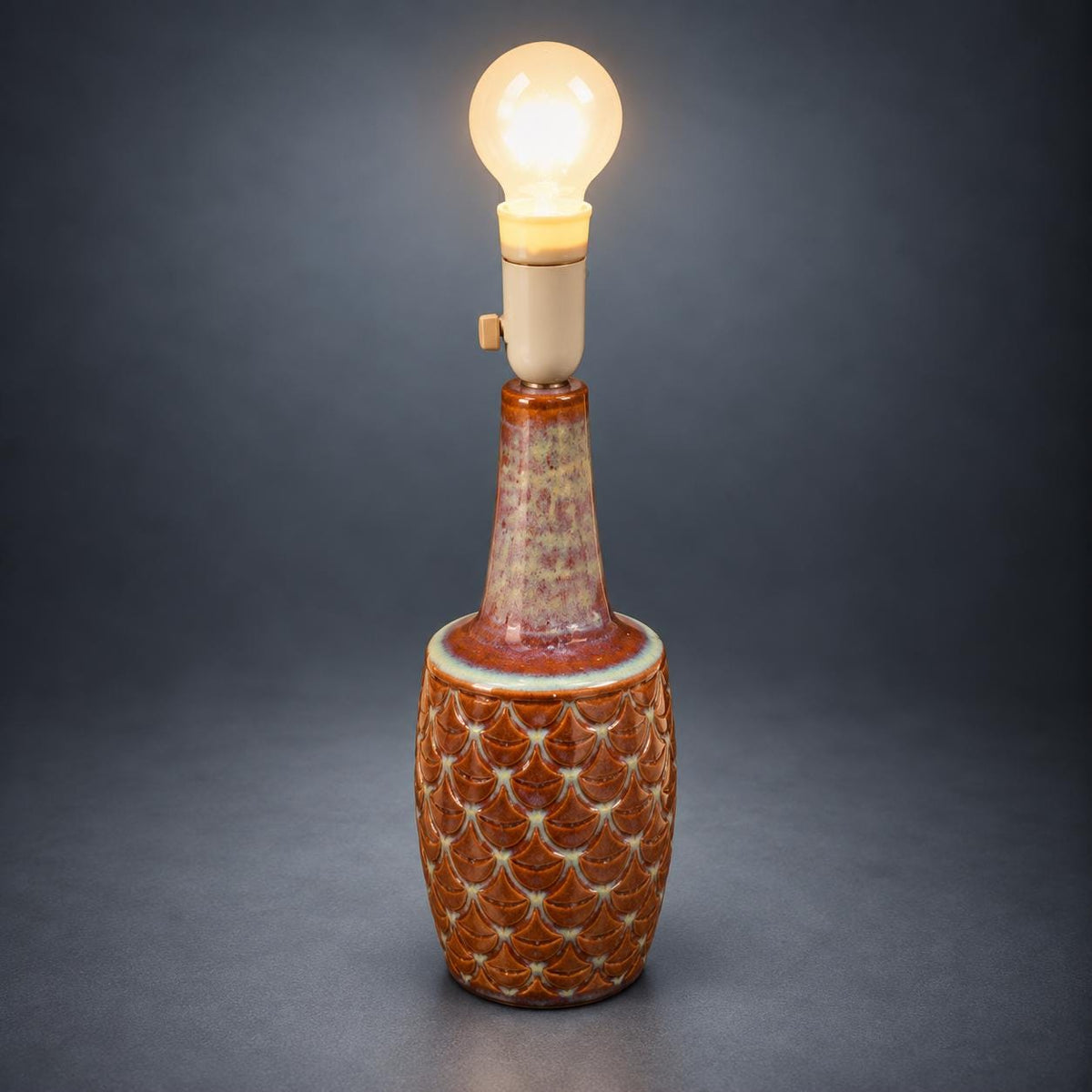 Scandinavian Style Ceramic Table Lamp, Pineapple Scale Relief, Caramel and Aubergine Glaze, Mid-Century Modern Lamp Base