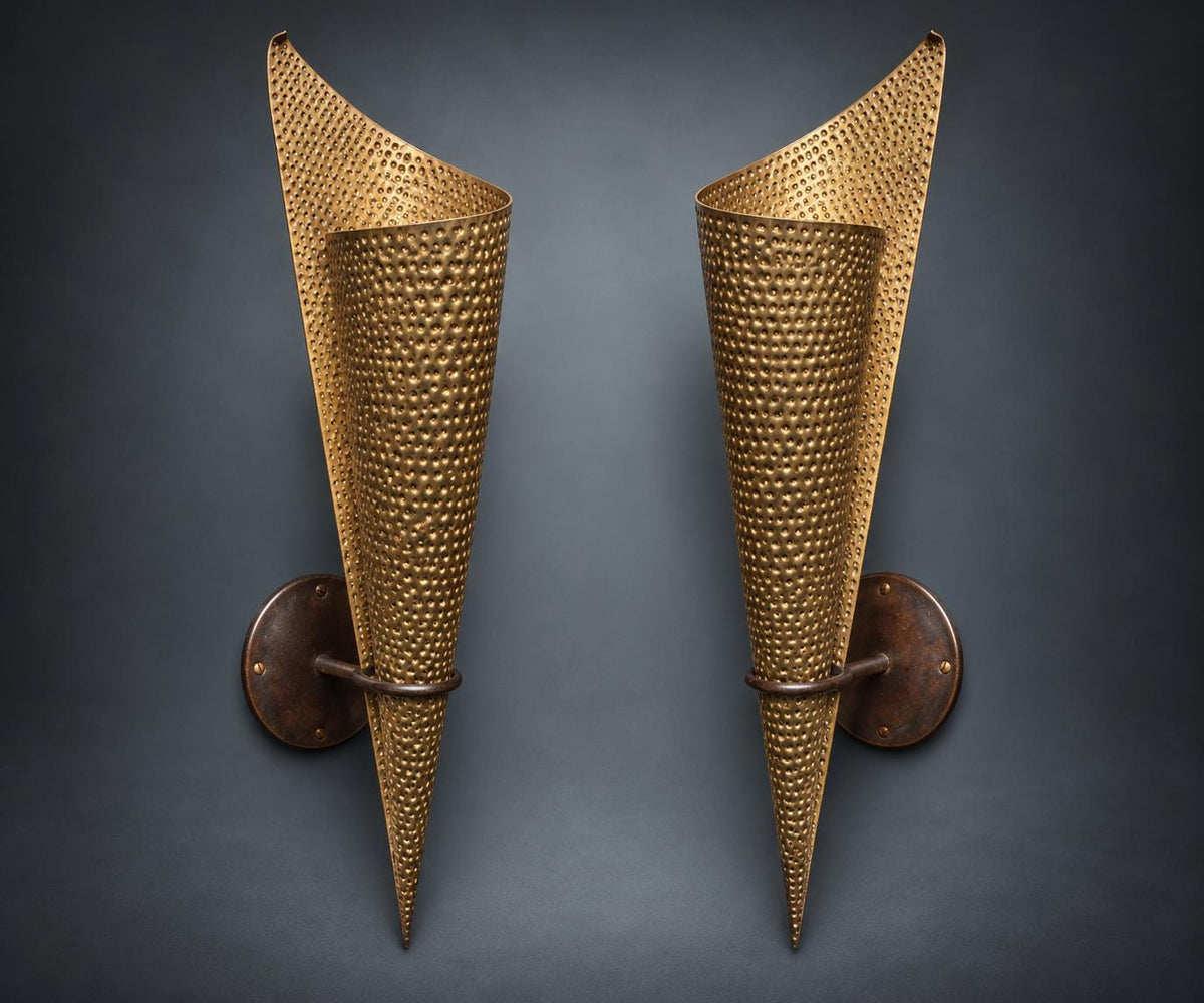 Pair of Perforated Cone Wall Sconces, Gold-Tone Pierced Metal Shades, Dark Metal Backplates, Sculptural Wall Lights