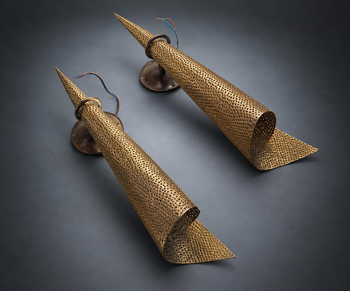 Pair of Perforated Cone Wall Sconces, Gold-Tone Pierced Metal Shades, Dark Metal Backplates, Sculptural Wall Lights