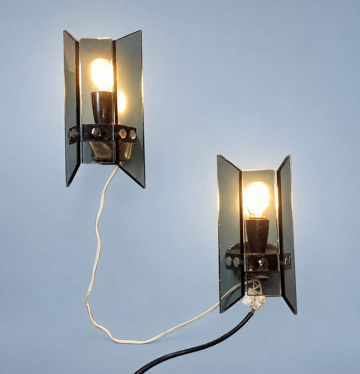 Pair of 1970s Smoked Glass Wall Sconces, Rectangular Panels and Steel Frames, Veca Attributed