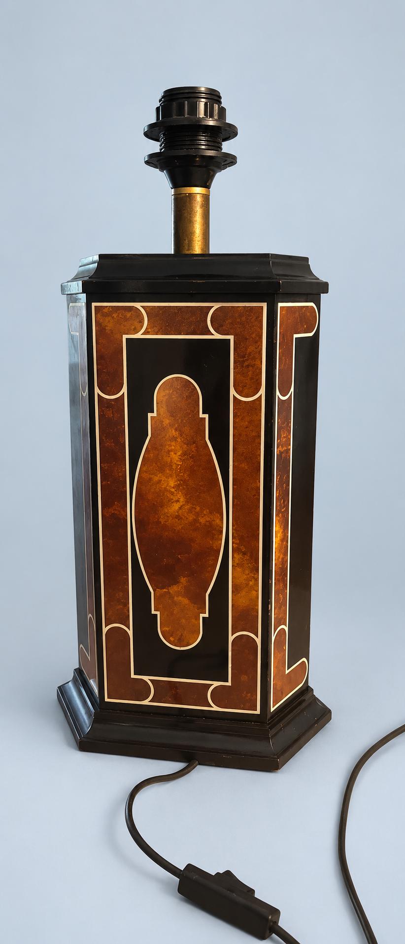 Vintage Hollywood Regency Style Lacquered Table Lamp, Attributed 1970s, Black and Amber Panels, Sold Without Shade, 45 cm