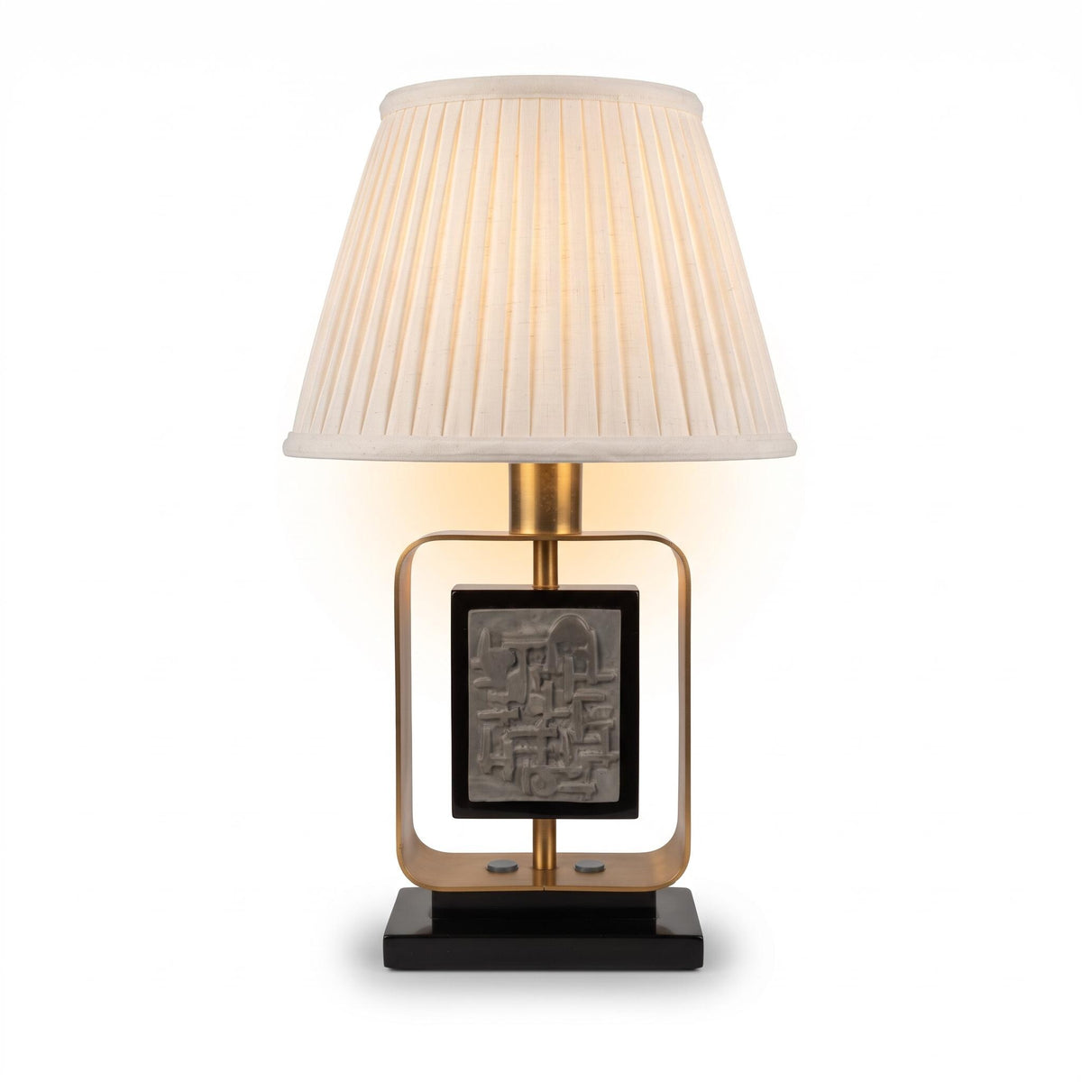 Brutalist Style Table Lamp, Abstract Relief Plaque in Gold-Tone Metal Frame, Black Base, Sculptural Modernist Lamp Base