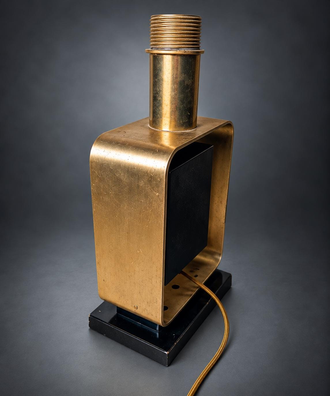 Brutalist Style Table Lamp, Abstract Relief Plaque in Gold-Tone Metal Frame, Black Base, Sculptural Modernist Lamp Base