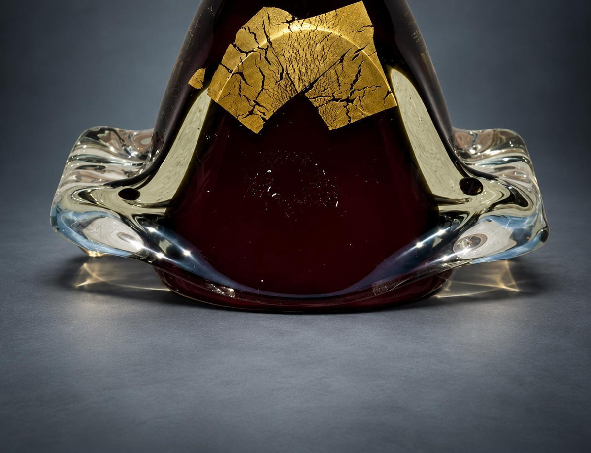 Heavy Cased Glass Table Lamp, Deep Plum Core with Crackled Gold-Tone Foil, Clear Folded Wings, Sculptural Lamp Base