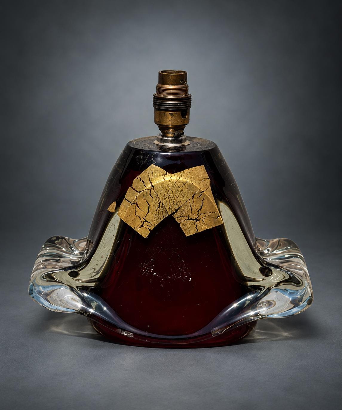 Heavy Cased Glass Table Lamp, Deep Plum Core with Crackled Gold-Tone Foil, Clear Folded Wings, Sculptural Lamp Base