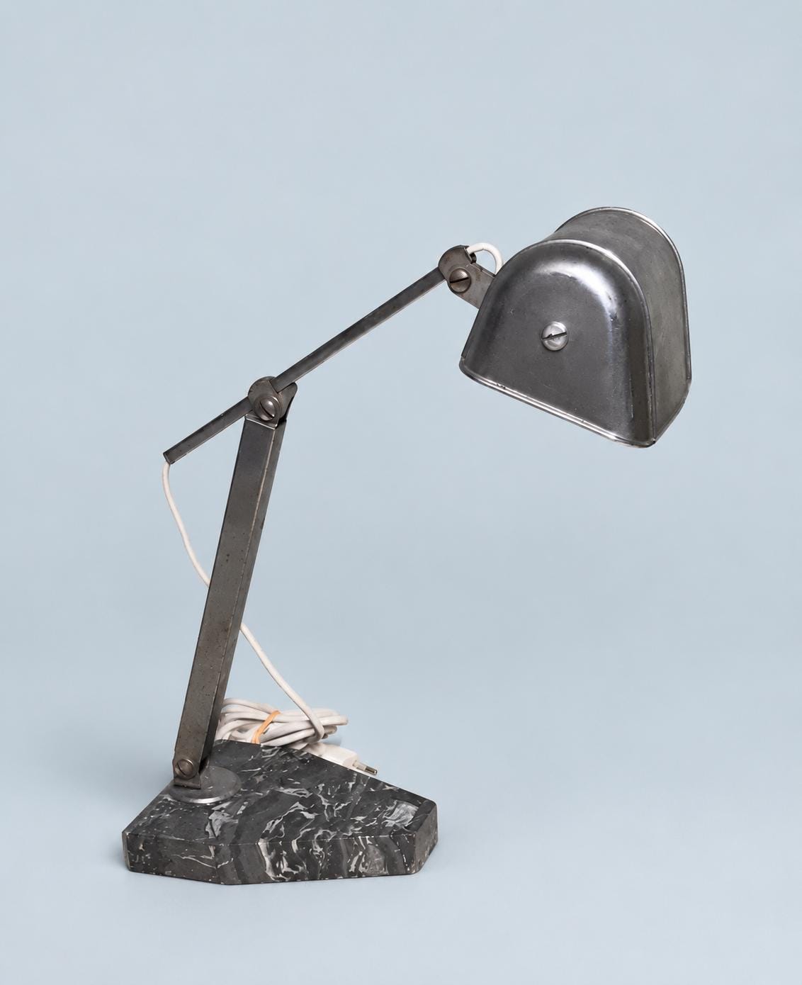 Art Deco Articulated Metal Desk Lamp, Black Veined Marble Base, Adjustable Hood, 1930s–40s Attribution