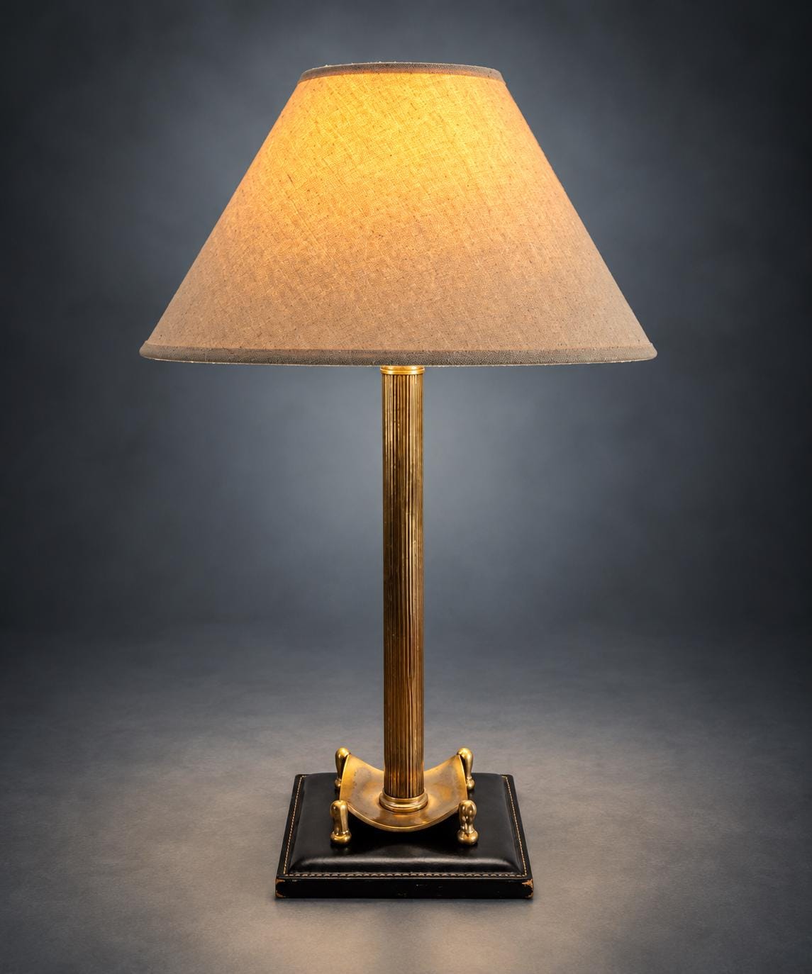Fluted Column Table Lamp, Gold-Tone Metal with Scroll Feet, Stitched Dark Square Base, Neoclassical Library Lamp