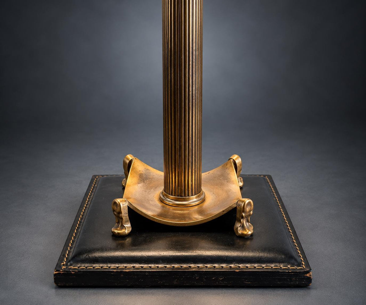 Fluted Column Table Lamp, Gold-Tone Metal with Scroll Feet, Stitched Dark Square Base, Neoclassical Library Lamp