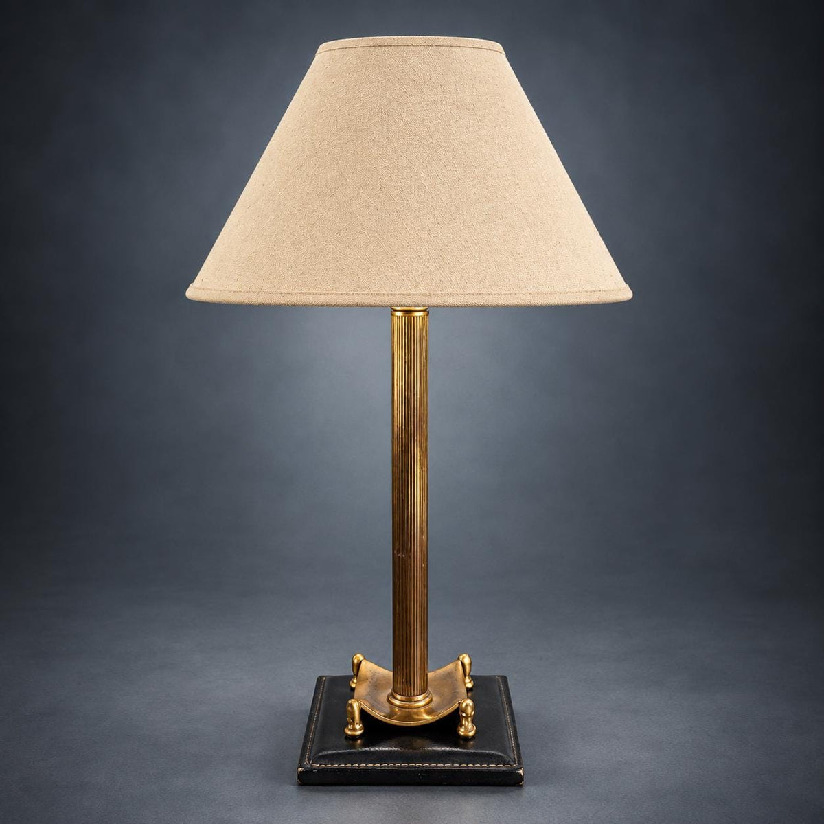 Fluted Column Table Lamp, Gold-Tone Metal with Scroll Feet, Stitched Dark Square Base, Neoclassical Library Lamp