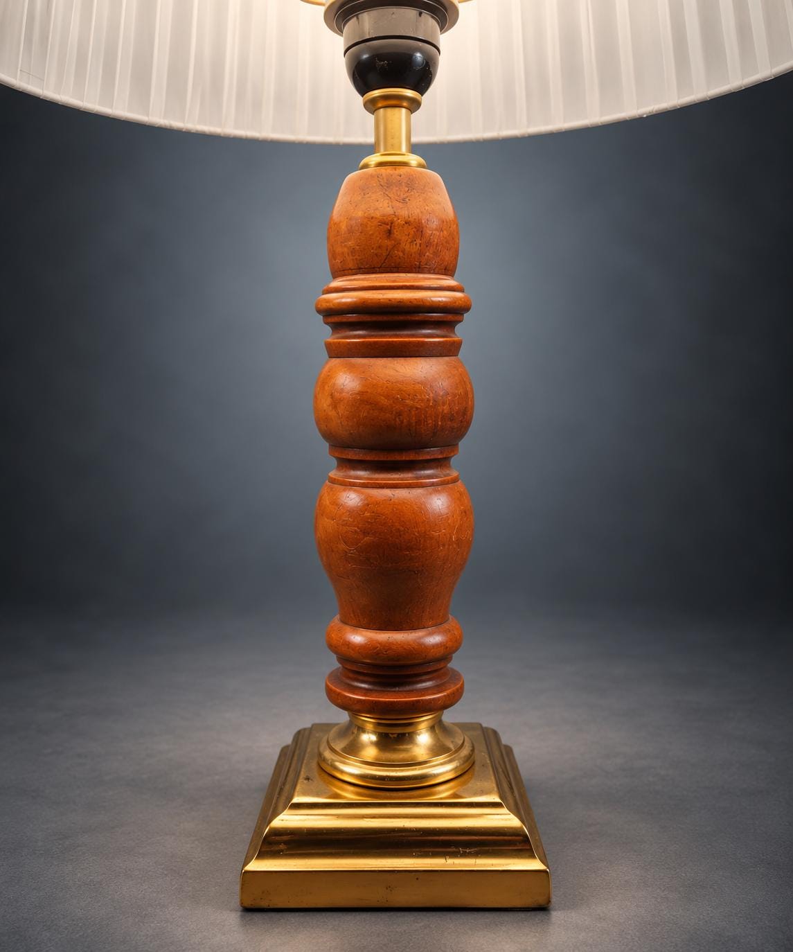 Pair of Turned Wood Table Lamps, Warm Wood Baluster Stems, Gold-Tone Stepped Square Bases, Classic Bedside Lamp Set
