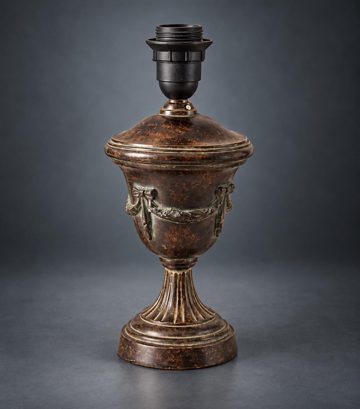 Pair of Urn-Shaped Table Lamps, Dark Patinated Finish, Garland Swags, Fluted Feet (Neoclassical Style)