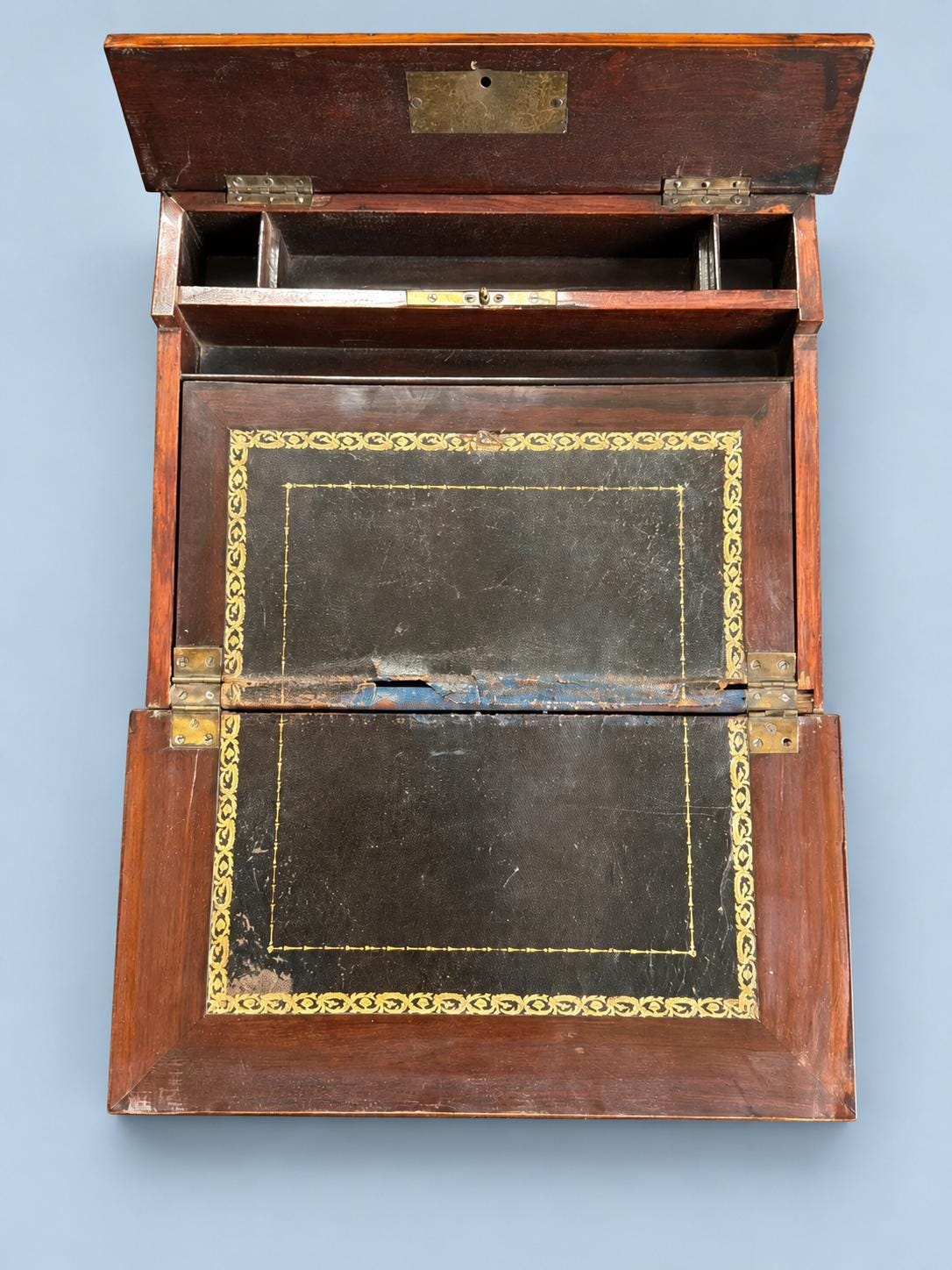 Vintage Napoleon III Style Writing Slope, Attributed 19th Century, Burl-Effect Veneer Travel Writing Box with Inlay, 33 cm