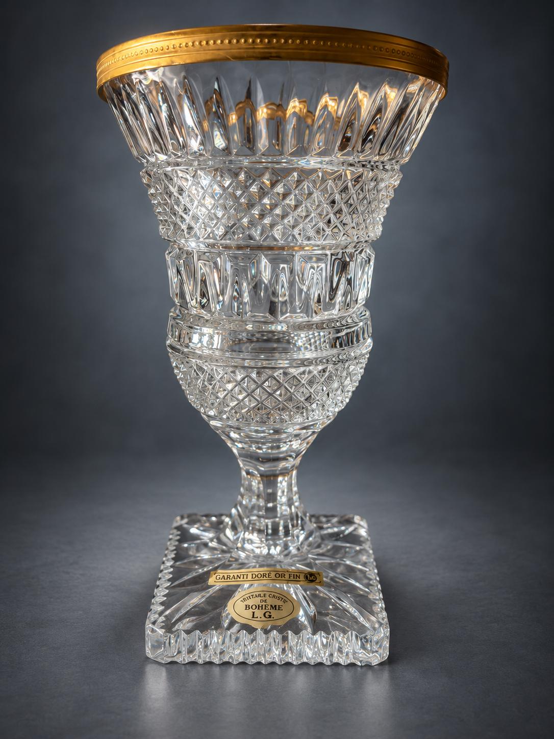 Bohemian Cut Crystal Vase with Gilt Rim, Diamond-Cut Urn Form on Square Sawtooth Base, Original Labels