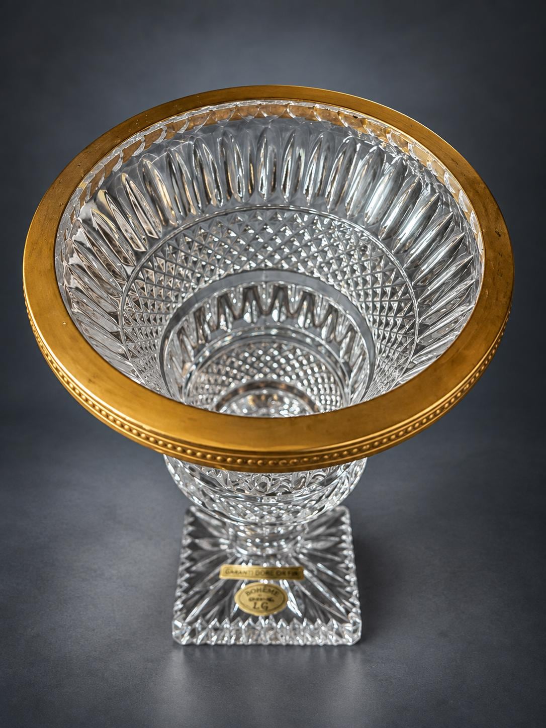 Bohemian Cut Crystal Vase with Gilt Rim, Diamond-Cut Urn Form on Square Sawtooth Base, Original Labels