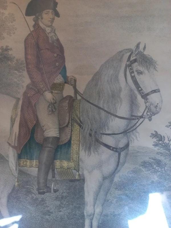 Set of Four Framed Equestrian Prints, Riders in Riding School Poses, Spanish Titles, Gold-Tone Frames Under Glass