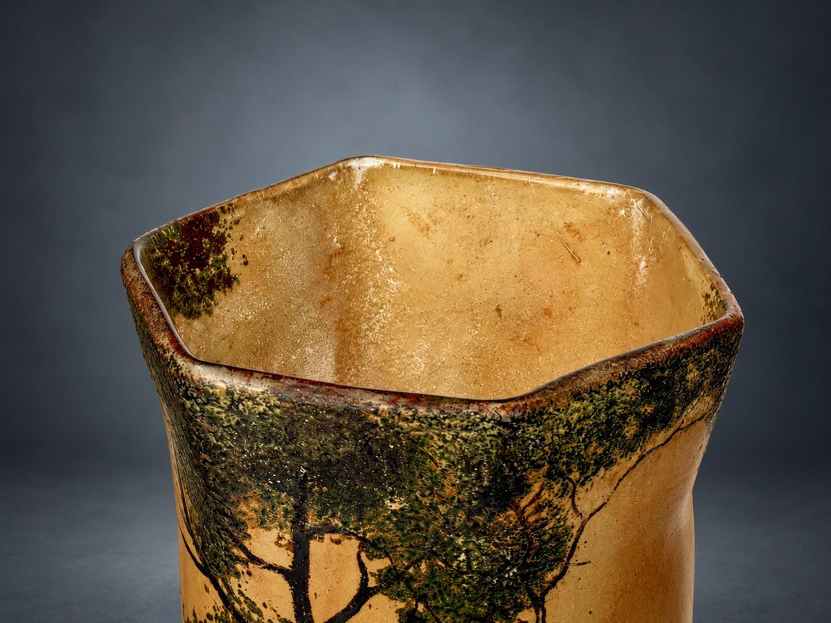Enamelled Glass Vase with Painted Lake Landscape, Tall Trees and Sailboats, Frosted Amber Ground, Art Nouveau Style