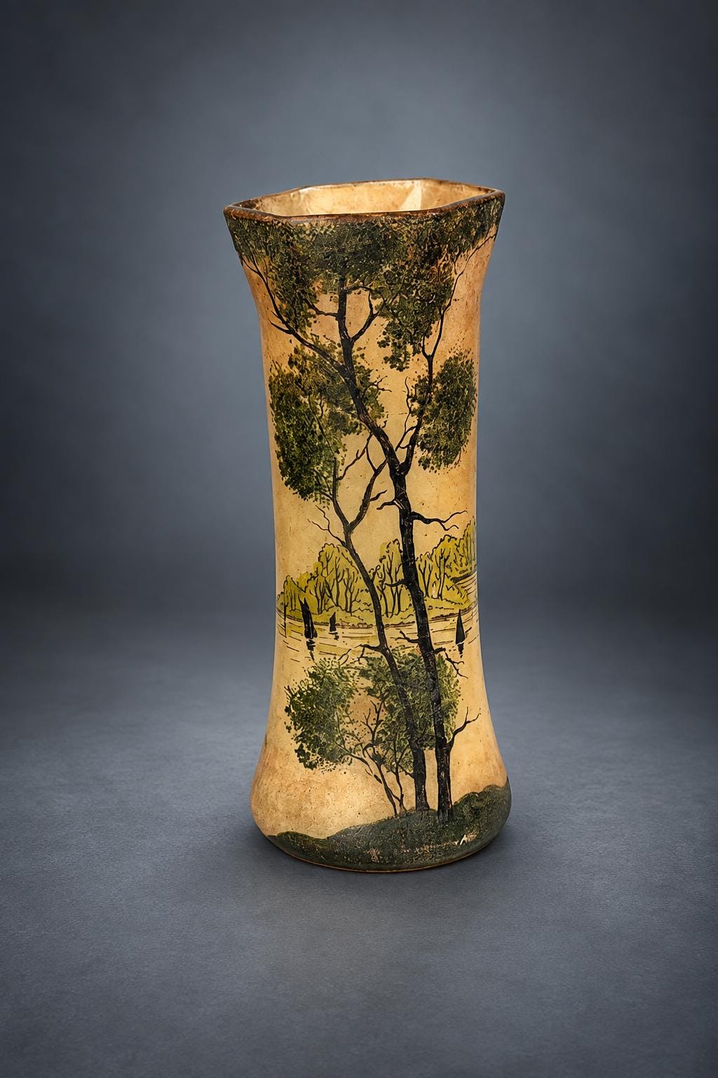 Enamelled Glass Vase with Painted Lake Landscape, Tall Trees and Sailboats, Frosted Amber Ground, Art Nouveau Style