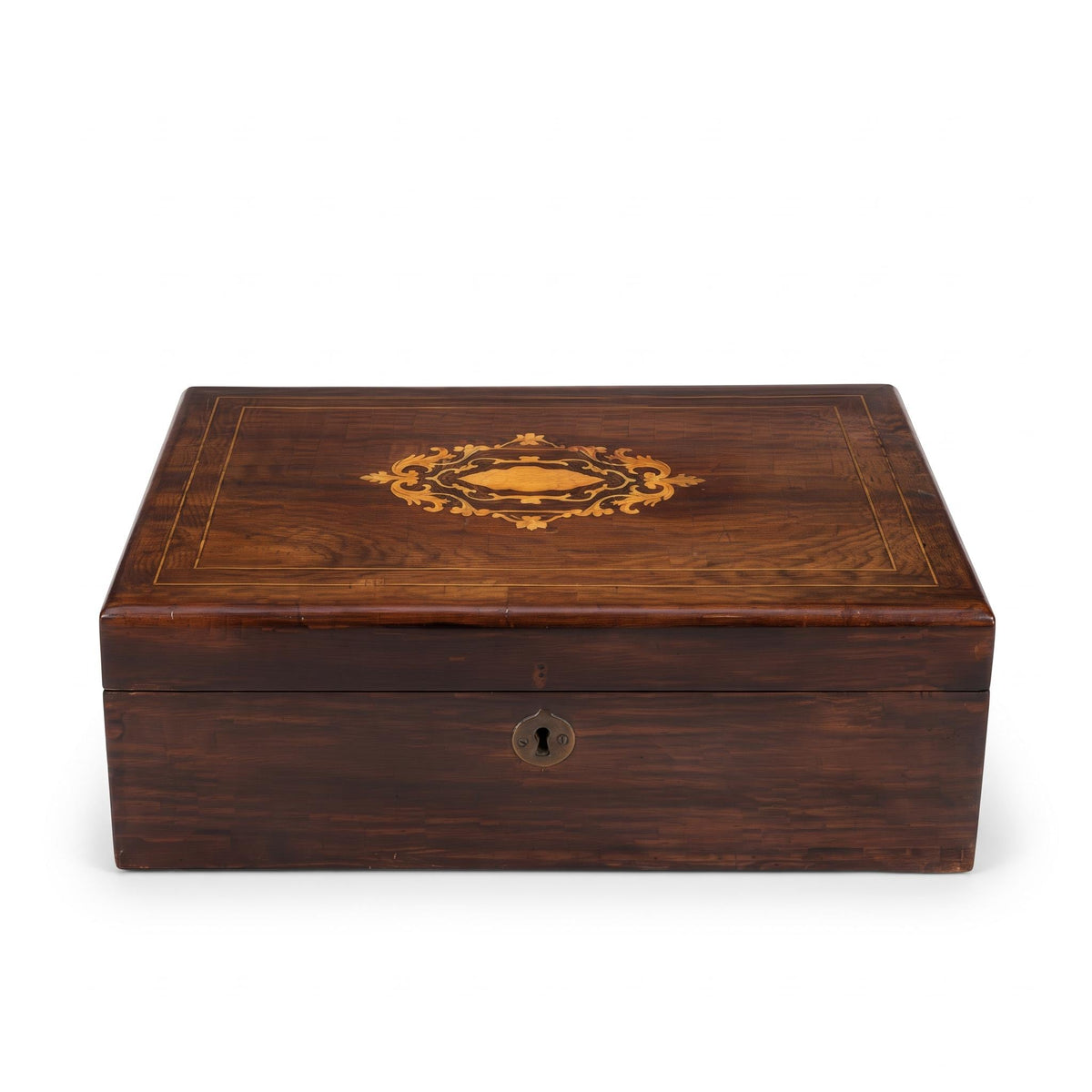 Antique Napoleon III Style Wood Marquetry Jewelry and Letter Box with Brass-Tone Borders