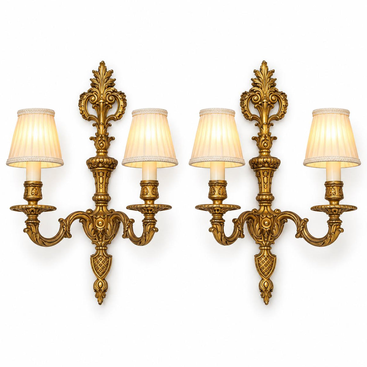 Vintage Pair of Louis XV Style Gilt Metal Two-Arm Wall Sconces with Acanthus Crest