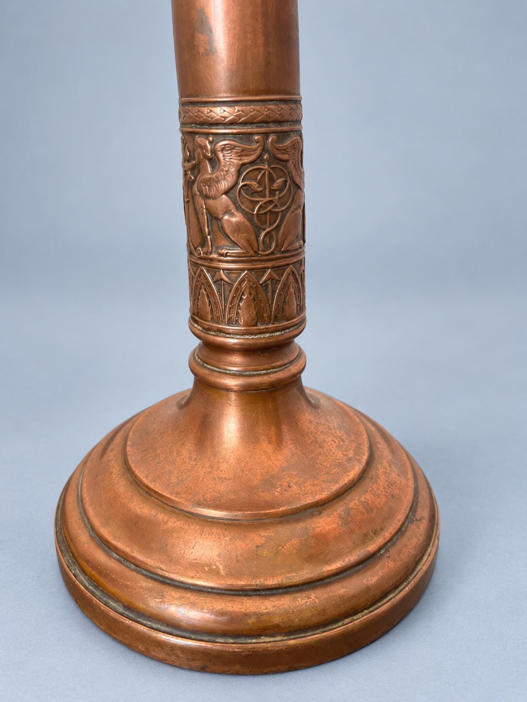 Vintage Pair of Empire Style Candlesticks, Copper-Tone Metal with Figural Relief Band, Urn Candle Cups, 27.5 cm