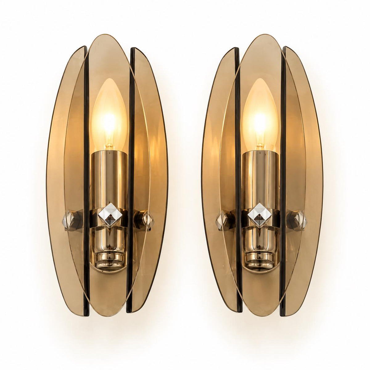 Vintage Pair of Space Age Smoked Glass and Chrome-Tone Wall Sconces