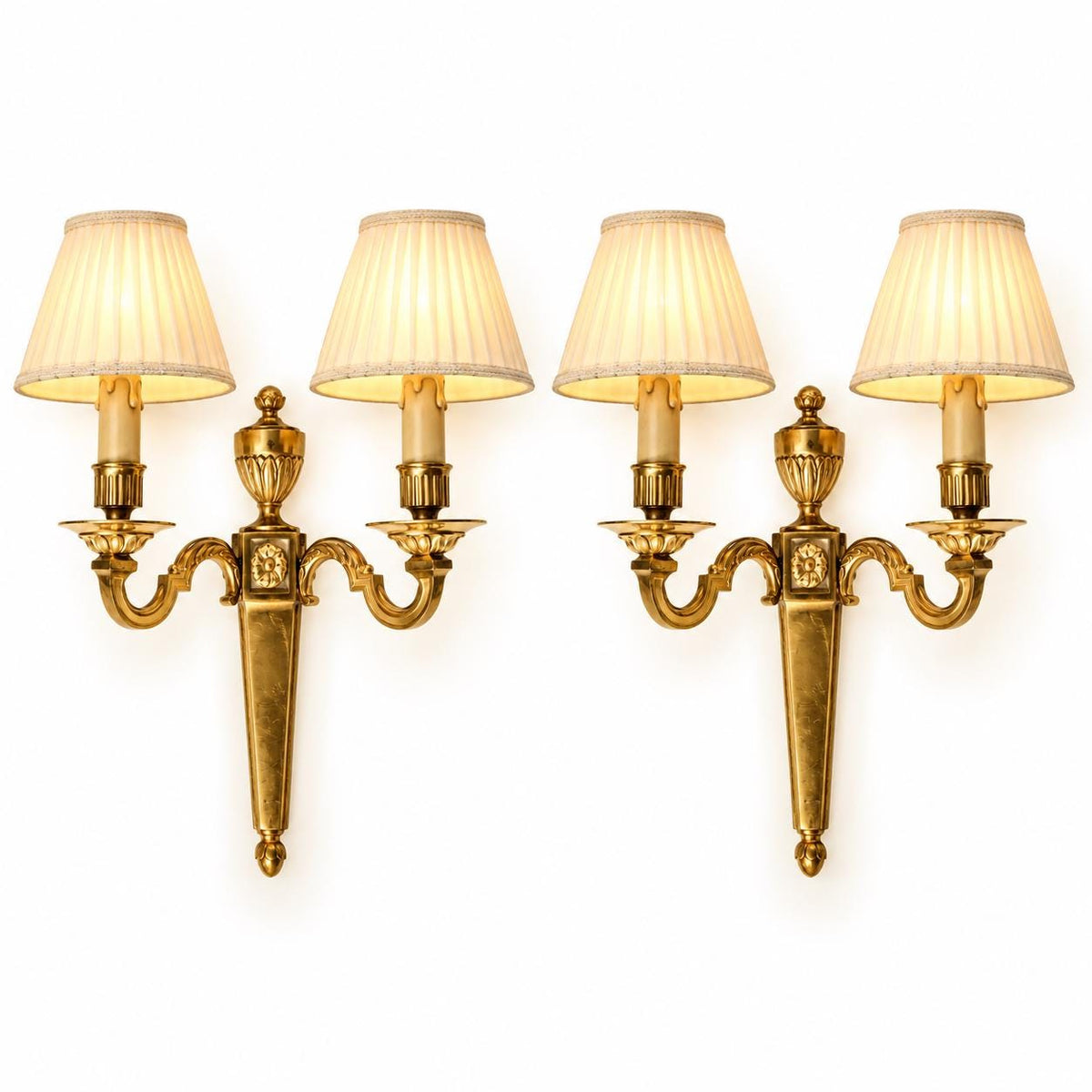 Vintage Pair of Louis XVI Style Brass-Tone Two-Arm Wall Sconces with Urn and Rosette