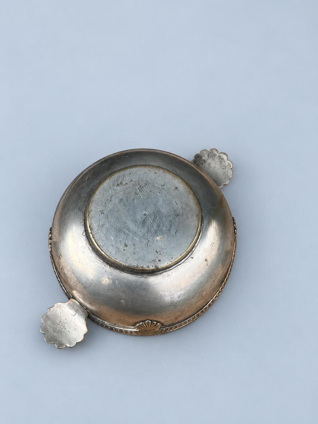 Vintage Small Lobed Dish with Shell Handles, Silver-Tone Metal Trinket Bowl with Gadrooned Border, 10.5 cm