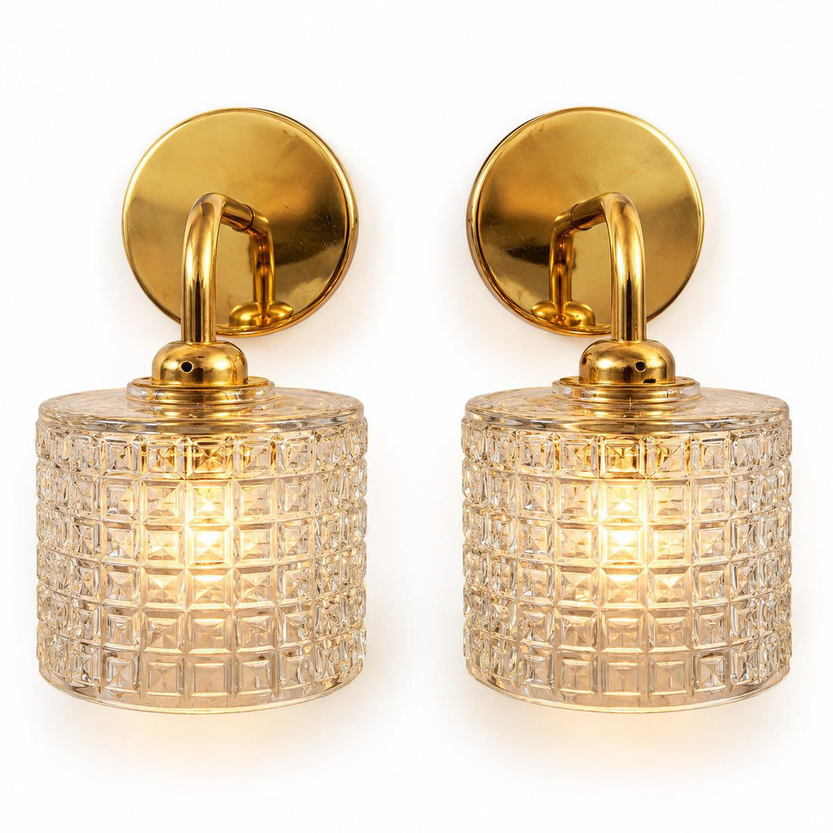 Vintage Pressed Glass Shades on Gold-Tone Wall Sconces, Pair, Newly Mounted
