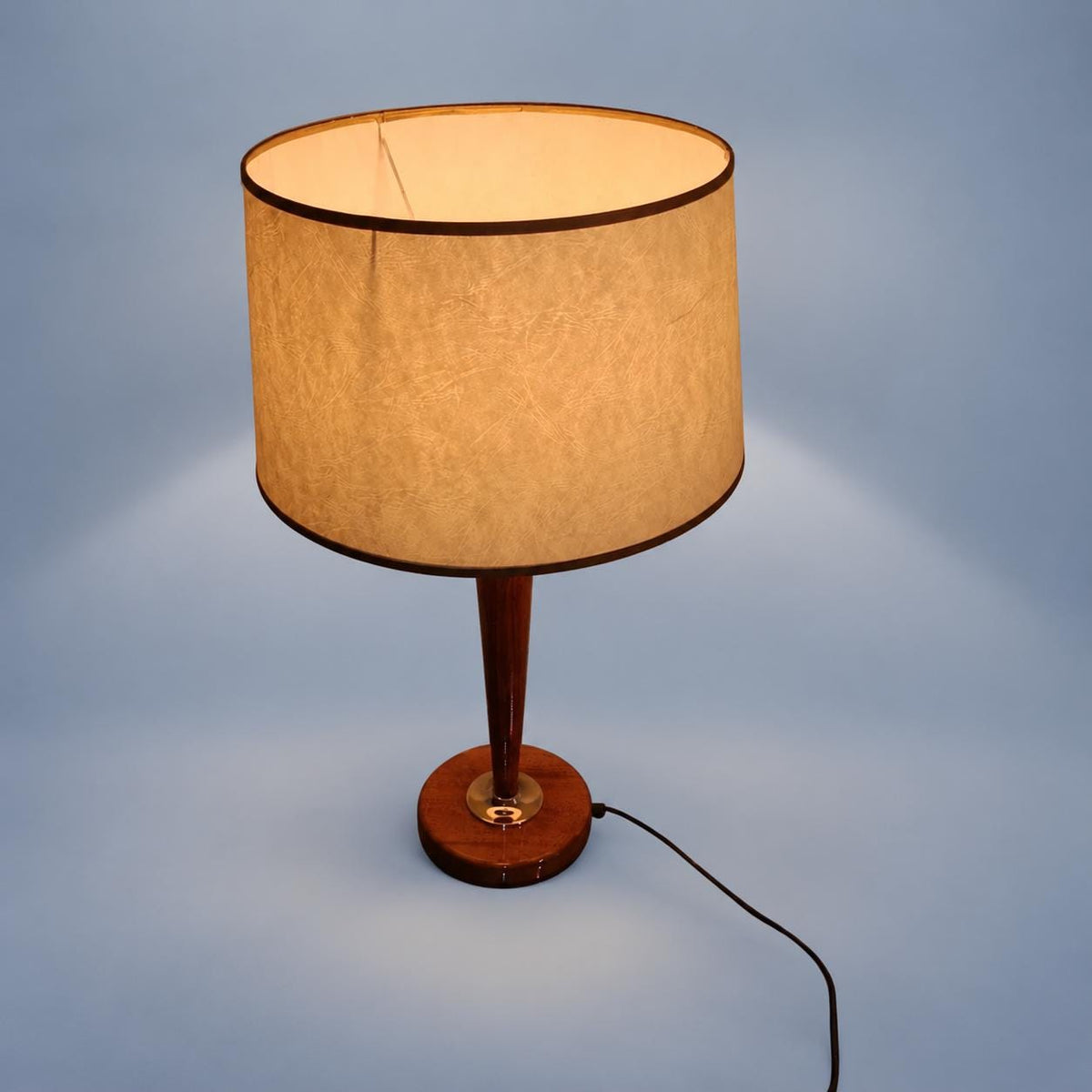 Vintage Large Table Lamp, Attributed 1960s–70s, Tapered Stained Beech Column with Chrome Details, Cream Drum Shade, 68 cm