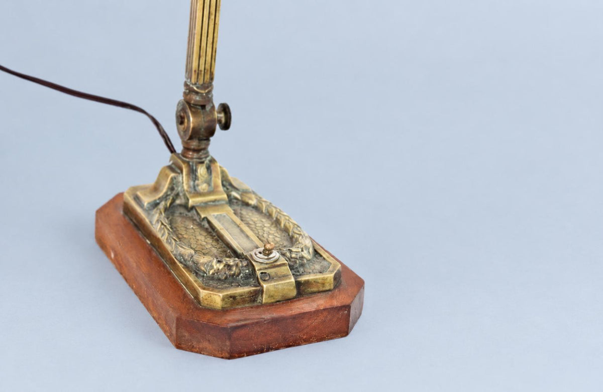 Vintage Banker's Desk Lamp, Attributed 1930s–40s, Brass-Tone Metal Hood and Reeded Arm on Wooden Base, 35 cm
