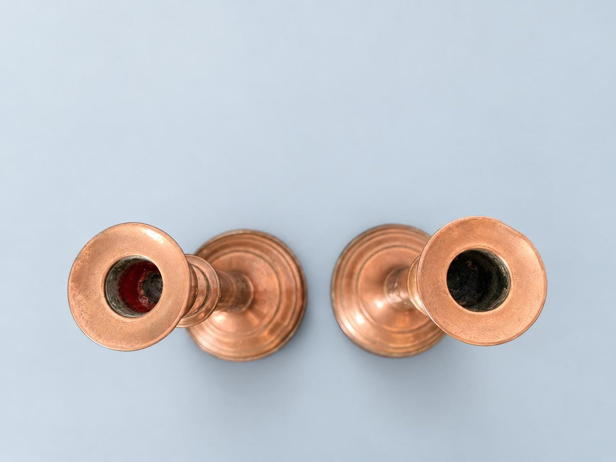 Vintage Pair of Empire Style Candlesticks, Copper-Tone Metal with Figural Relief Band, Urn Candle Cups, 27.5 cm