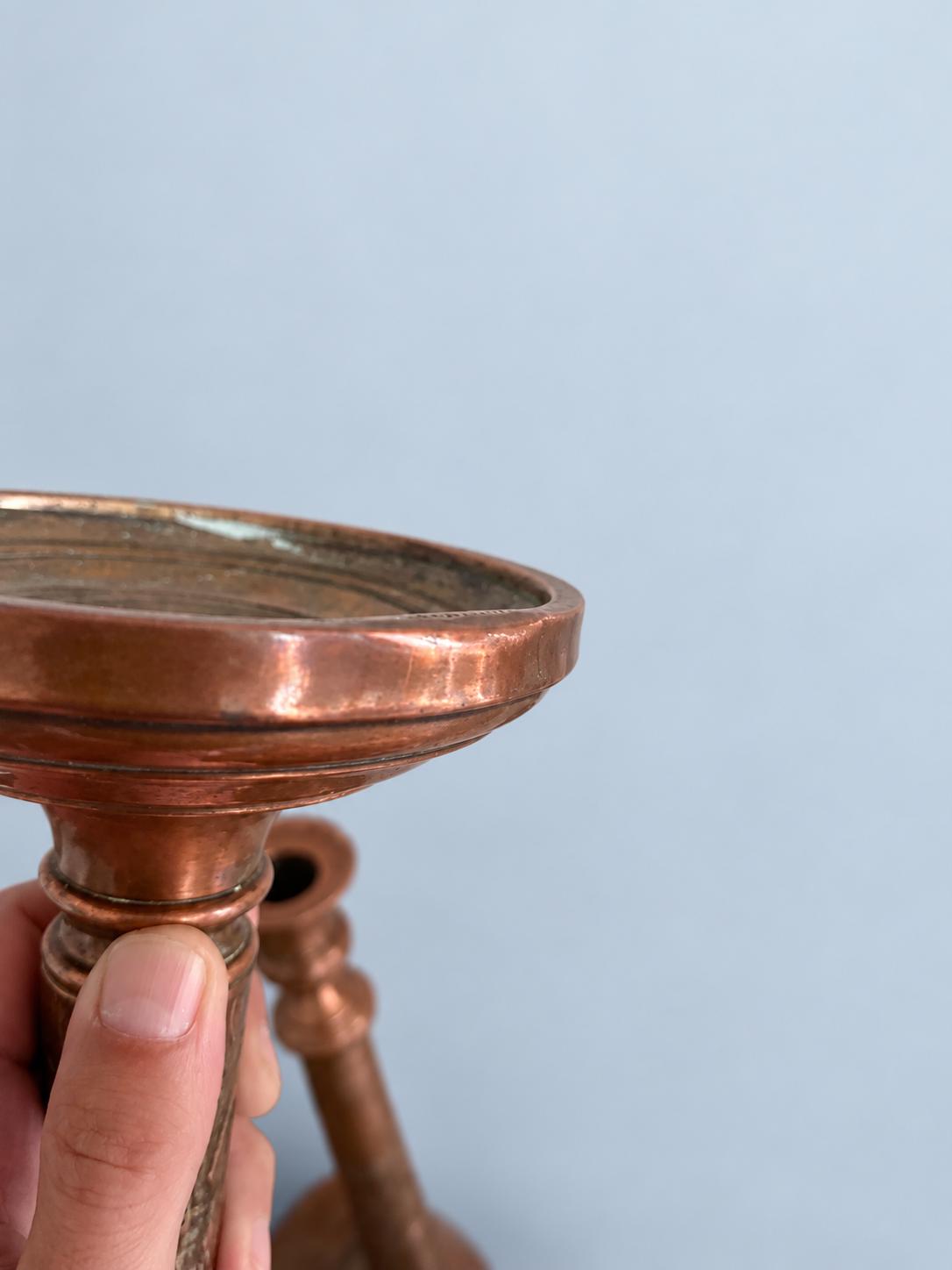 Vintage Pair of Empire Style Candlesticks, Copper-Tone Metal with Figural Relief Band, Urn Candle Cups, 27.5 cm