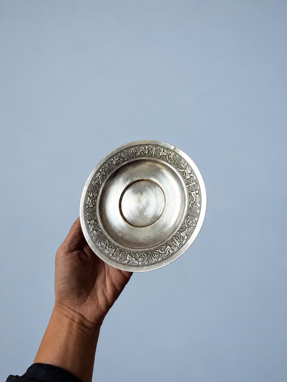 Vintage Empire Style Footed Dish with Griffin and Lyre Frieze, Silver-Tone Metal Pedestal Coupe, 15.5 cm