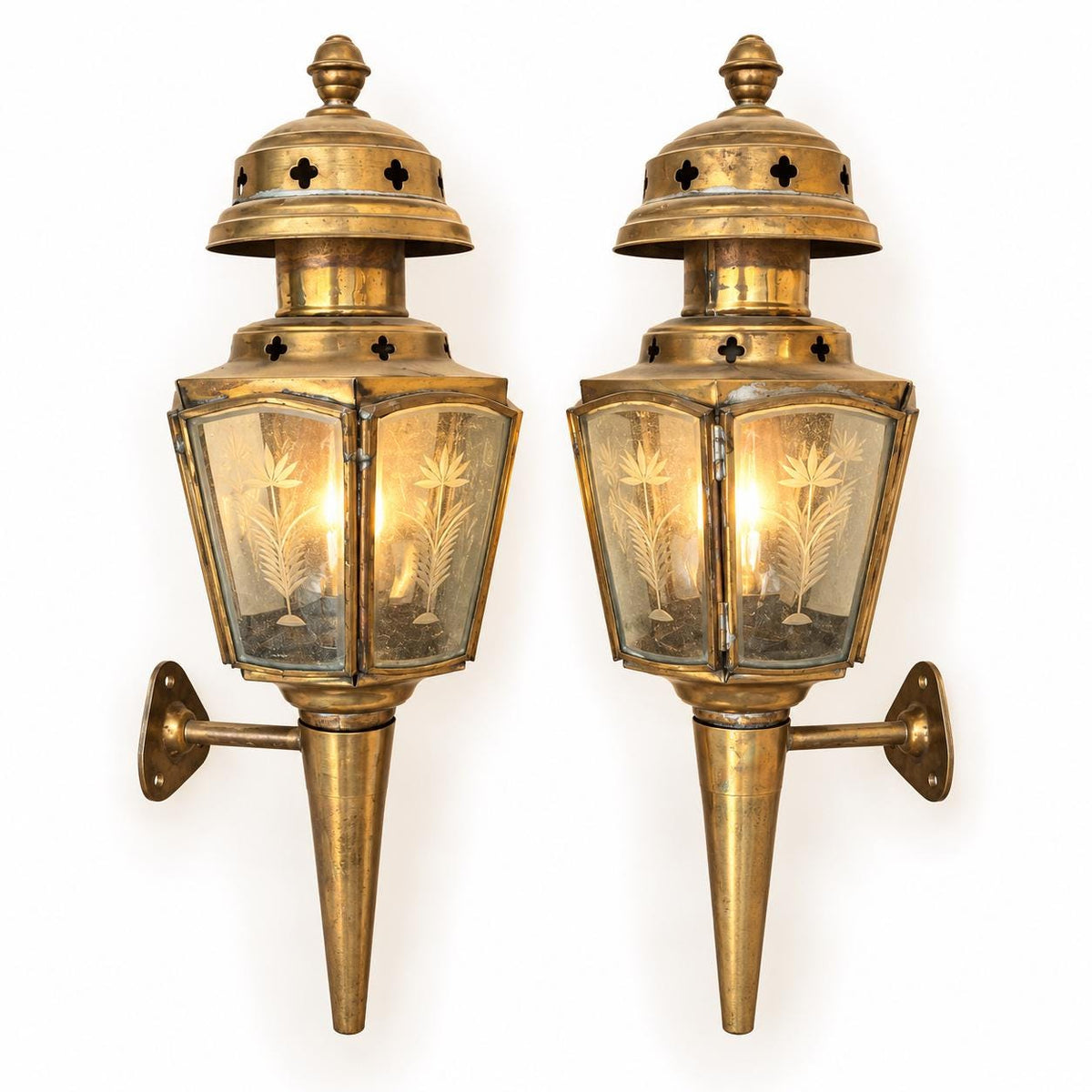 Vintage Pair of Brass-Tone French Fiacre Carriage Wall Lanterns with Etched Wheat Glass Panels