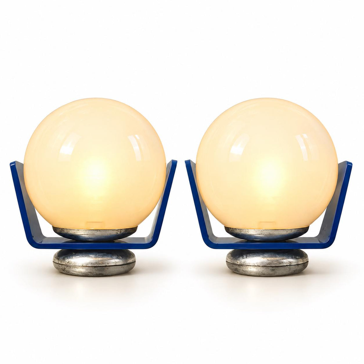 Vintage Pair of 1970s Space Age Wall Lights with White Glass Globes in Blue Acrylic Cradles