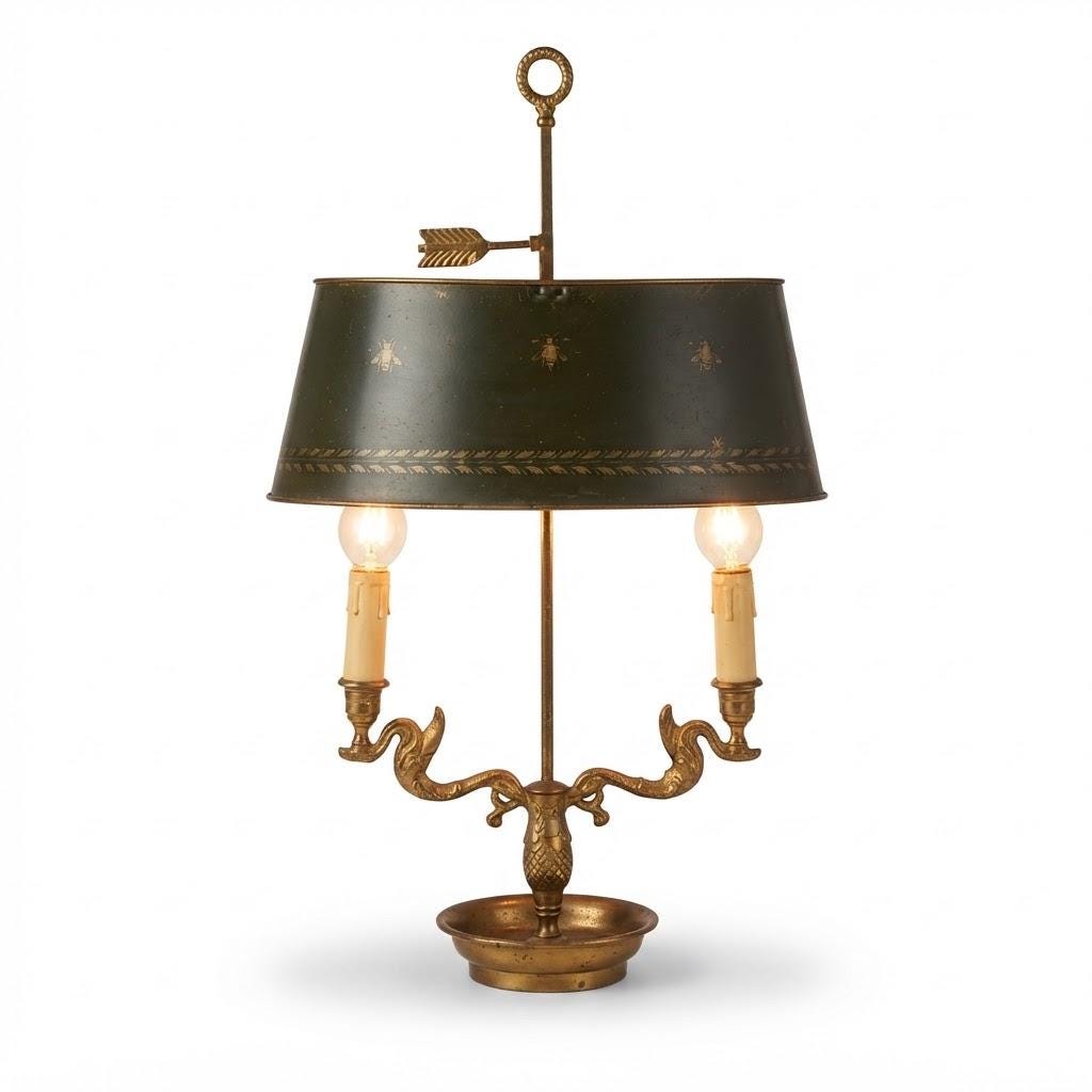 Vintage Empire Style Two-Light Bouillotte Lamp, Bird-Head Arms, Black Tole Shade, Ring Finial, Approx. 60 cm